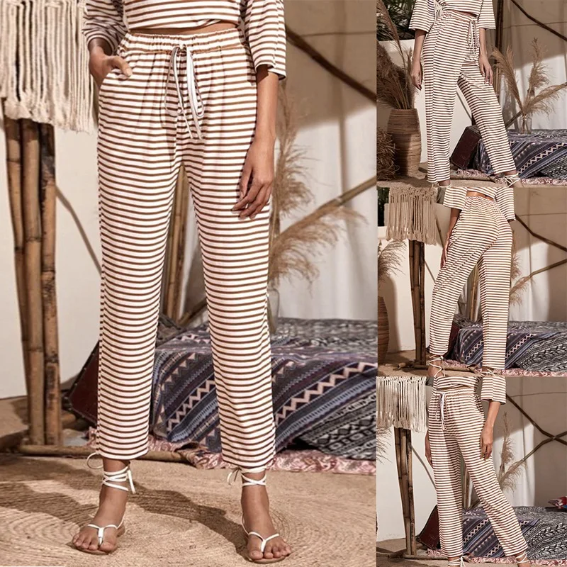 

Women's Comfortable Striped Printed Drawstring Wide Leg Casual Pants