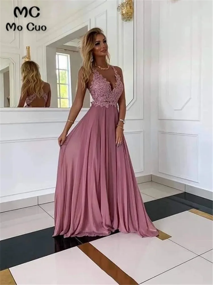 

Stylish prom dresses Evening Gown with Lace Appliques V-Neck Chiffon Robe de soiree vestidos de fiesta Evening Party Dress