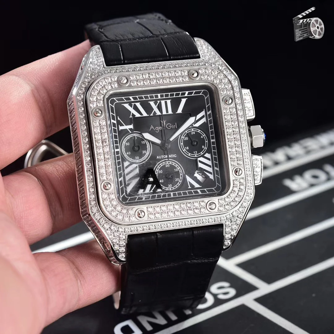 

Classic New Chronograph Men Stopwatch Sapphire Full Iced Diamond Case Rose Gold Silver All Black Leather Sport Watch Limit