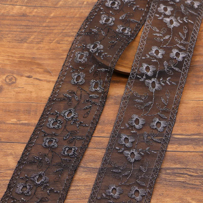 

4 Ярда, Ширина 5,7 см, черная сетчатая вышивка с серебряными цветами, кружевные украшения, аксессуары «сделай сам», кружевной материал для платья