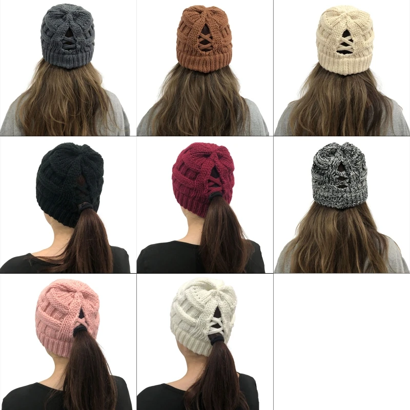 

Women Winter Crochet Cable Knitted Beanie Cap Solid Color Hollow Out Criss Cross Messy High Bun Ponytail Warm Skull Cap