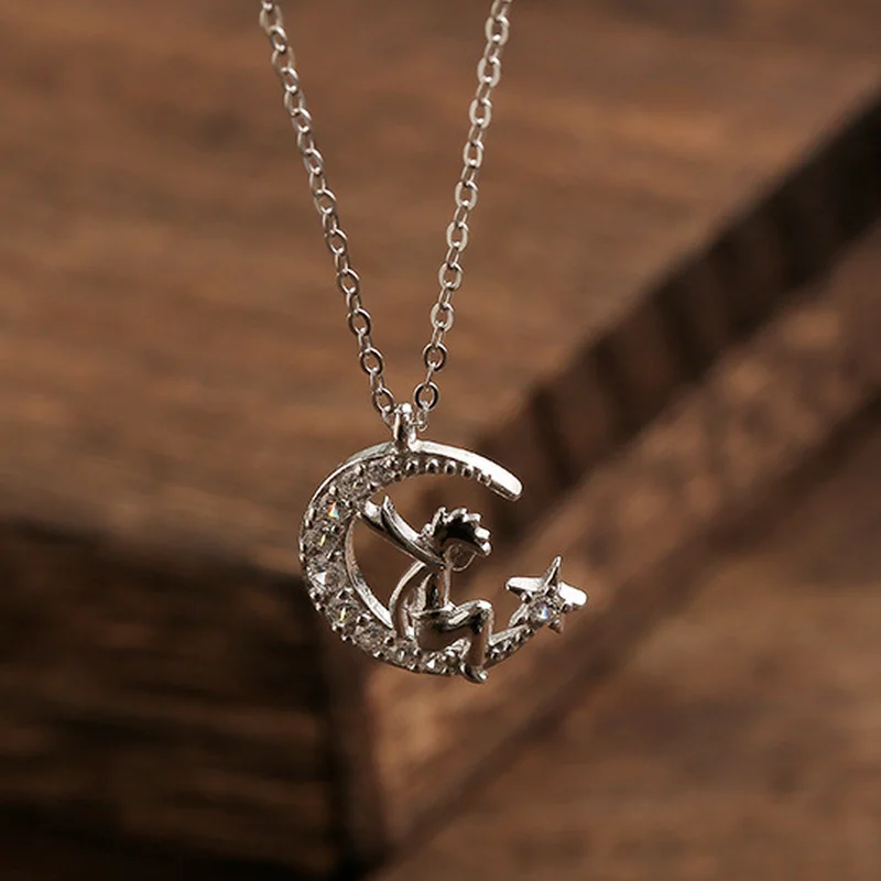 

925 Sterling Silver Necklace Cute Zircon Sitting on The Moon Pendant Necklaces Gift for Valentine's Day