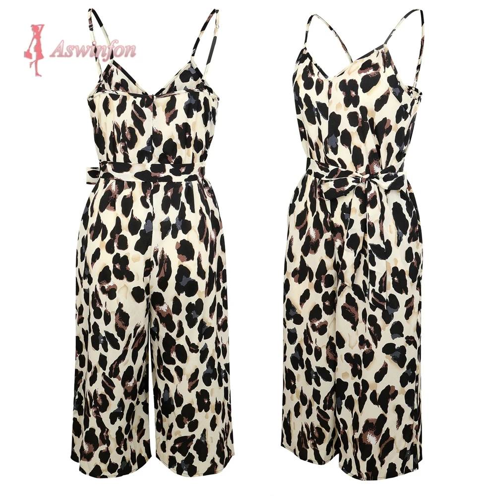 Женский леопардовый комбинезон Aswinfon повседневный на бретельках с v образным