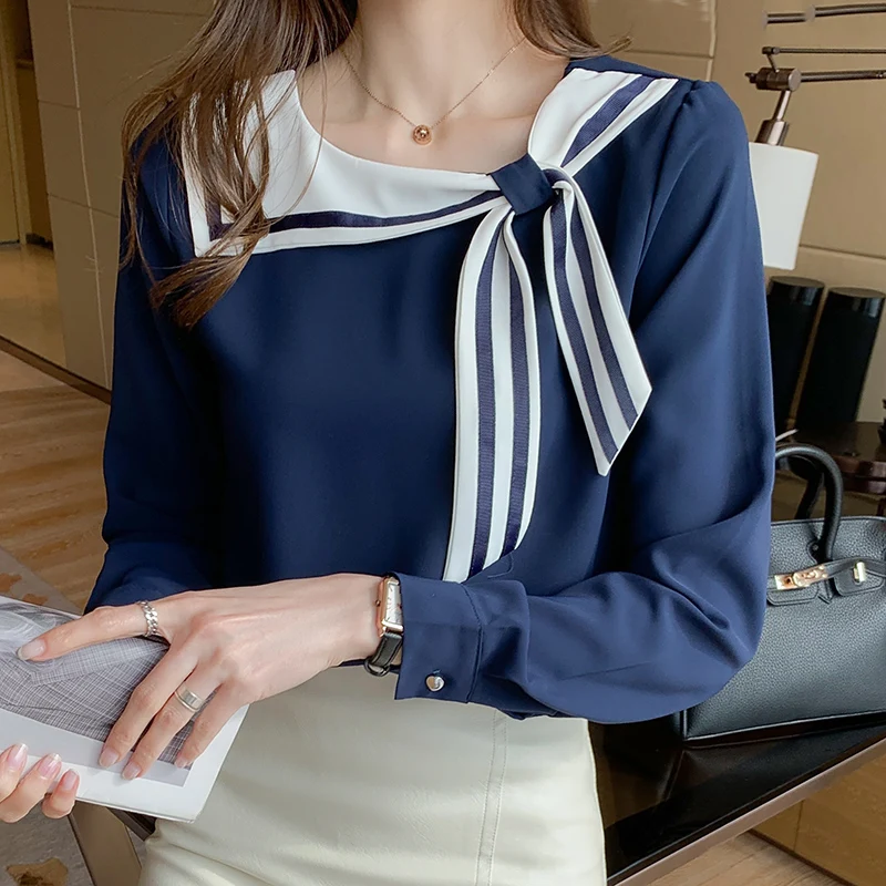 

Chikichi 2021 Spring and Autumn New Korean Fashion Stitching Navy Collar Blue Chiffon Long-sleeved Loose Pullover Shirt Women