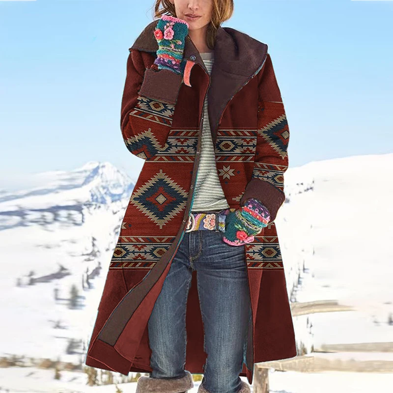 Женское длинное пальто на пуговицах повседневное шерстяное с отложным