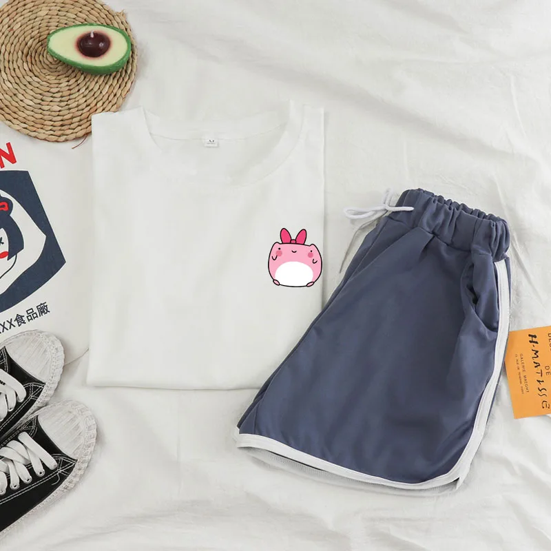 

Shorts Sets Female Lovely Girls Korean Style Sweet 2 Piece Set Women Students Harajuku Simple Oversize Pink Frog Print Top Short