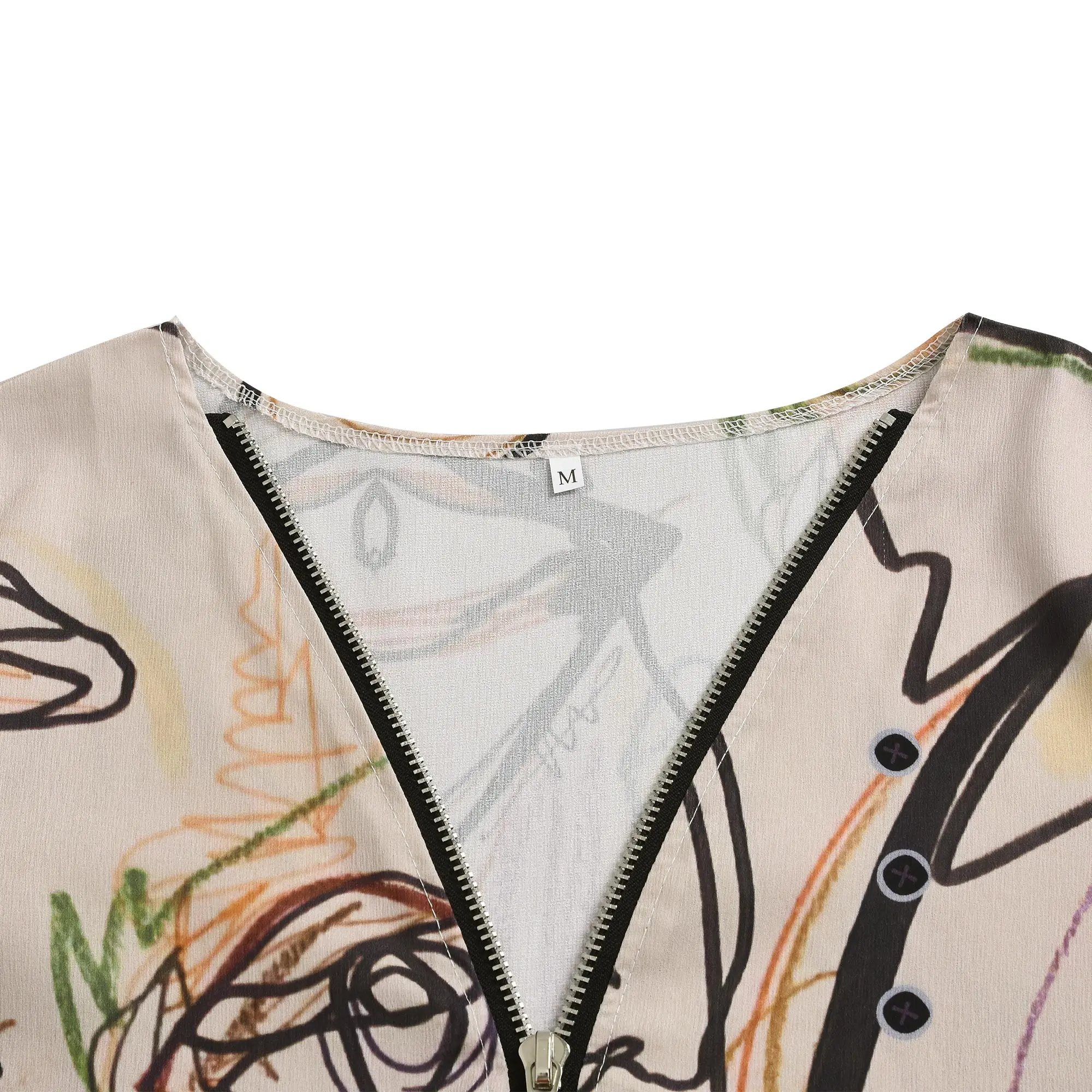 

Irregular Hem Women Casual Long Sleeve T-shirt Abstract Print T-shirt Autumn Spring Fashion Elegant Zipper Sexy V-Neck Tops D30