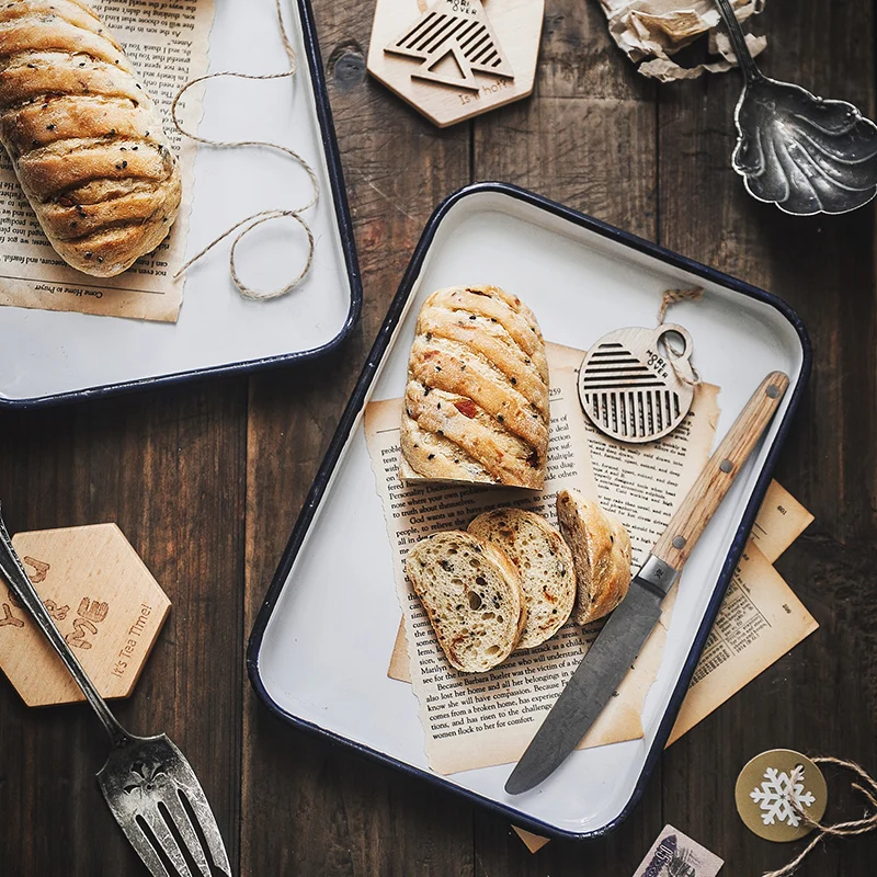 

Handcrafted Vintage Enamel Tray Ceramic Retro Cake Bread White Rectangle Plates Home Church Decor Photography Props