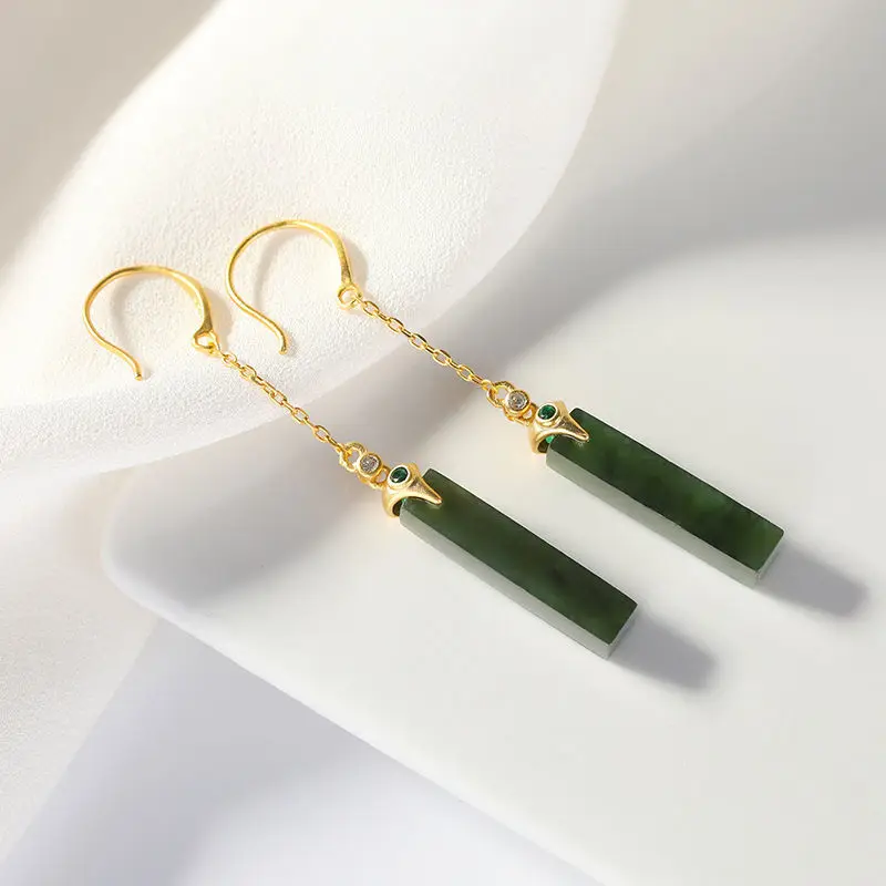 

Earrings Long Temperamental Fairy Hetian Jade Earrings Retro Hanging Earrings Sterling Silver S925 Chinese Style Ancient Style C