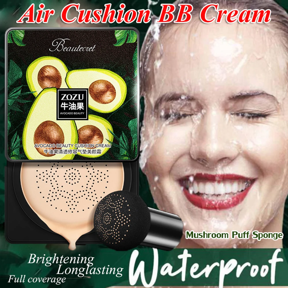 

Fashion Brightening Concealer Waterproof Longlasting Avocado Air Cushion BB Cream With Mushroom Puff Sponge Face Makeup