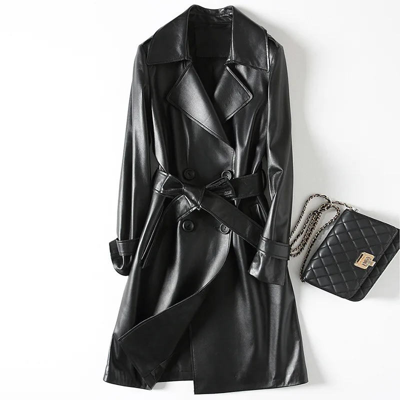 Long Slim Turn-down Collar Black Sheepskin Genuine Leather Autumn Spring Women Classic Leather Coat with Sashes Pockets