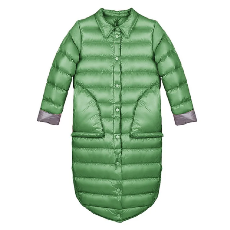 Женская длинная куртка на белом утином пуху ульсветильник приталенная