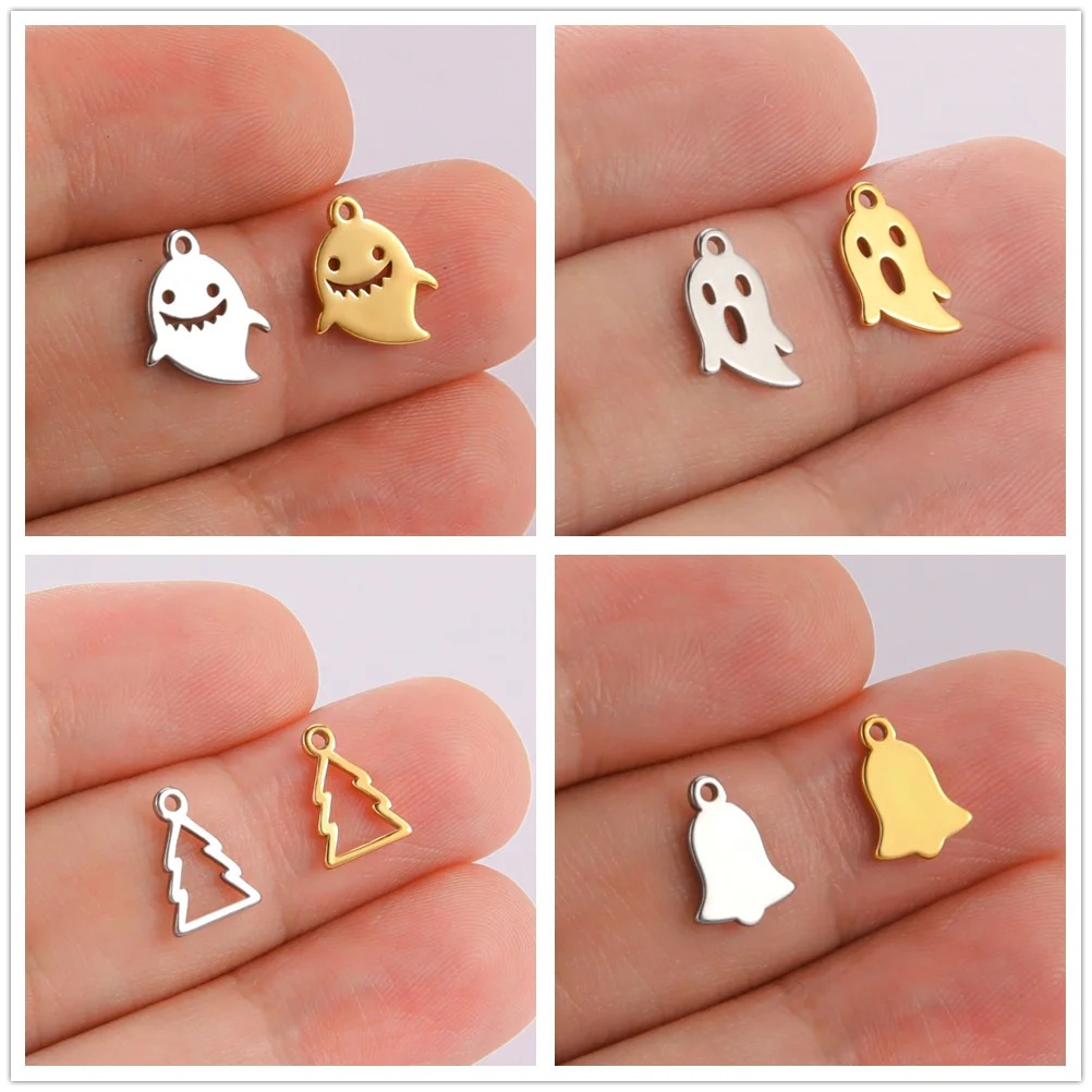 Teamer Stainless Steel Charms for Jewelry Making DIY Christmas Halloween Pendant for Bracelet Ghost Bell Trees Charm 5pcs/lot