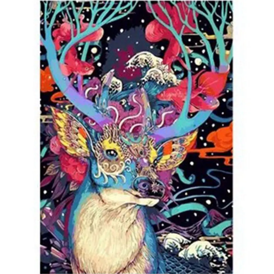 

Home5D DIY Diamond Painting Kit Full Round Diamonds Inlaid with Embroidered Cross stitch Animals "Colorful Deer" Home Decor Gift