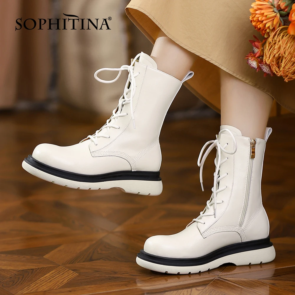 

SOPHITINA Mid-calf Boots Women High Quality Spring&Autumn Shoes Round Toe Lace-Up Commuter Soft Leather Flat Female Boots HO475