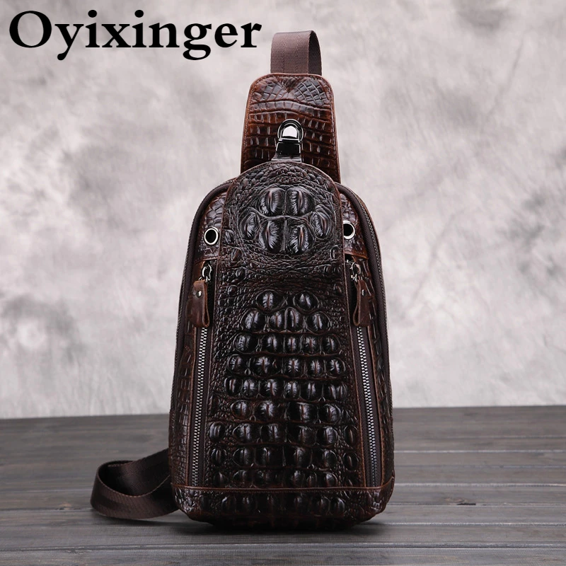 

Oyixinger Men's Chest Bag Genuine Leather Crocodile Bag Retro Crazy Horse Cowhide Messenger Bag Travel Crossbody Bags For Male