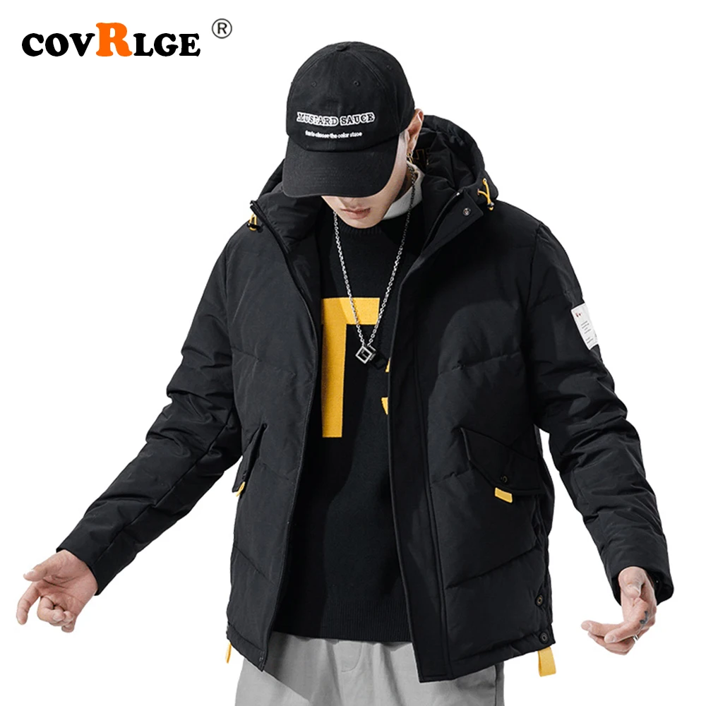 Covrlge Trendy Hooded Men's White Duck Down Jacket Stand Collar Embroidered Down Jacket Men Winter Warm Causal Coat US MWY034