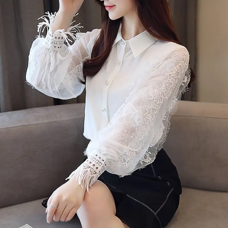 

Women'S Spring Autumn Style Chiffon Blouses Shirt Women'S Solid Color Lantern Sleeve Patchwork Button Casual Lace Tops DD9022