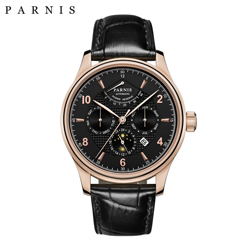 Parnis автоматические механические мужские часы с черным циферблатом 43 мм