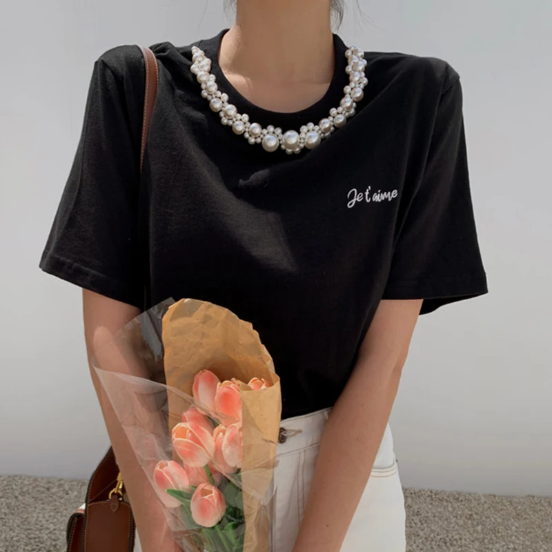 

Женская хлопковая футболка с коротким рукавом, Повседневная Свободная футболка составного кроя с круглым вырезом и бисером, с буквенным пр...