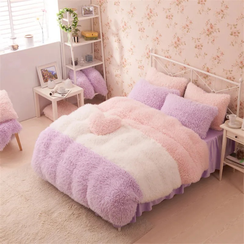 

AB Side Cashmere Bedding Set Thicken Skirt Pillowcase&duvet Cover Set Long Hair Fleece Bed Linen Prinecess Bed Duvet Cover Set