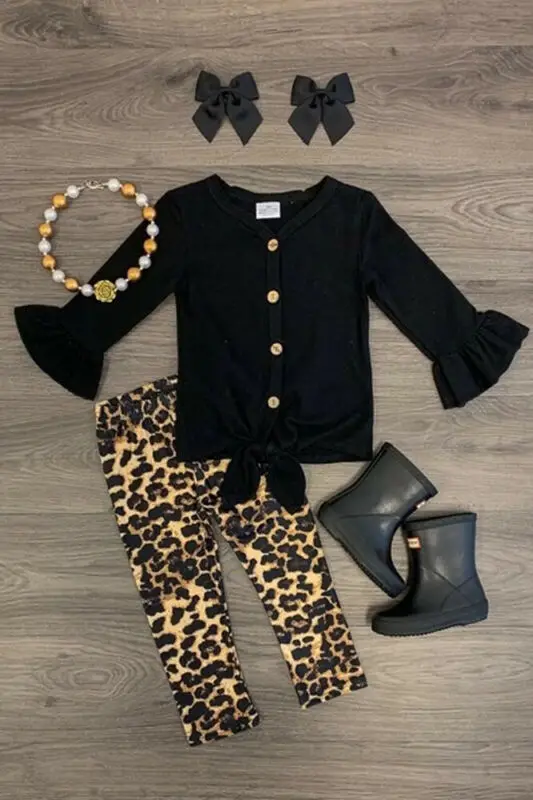

Toddler Kids Baby Girl Autumn Cotton Outfit Clothes Long Flare Sleeve Shirt Tops+Leopard Long Pants 2PCS Set 1-6Y