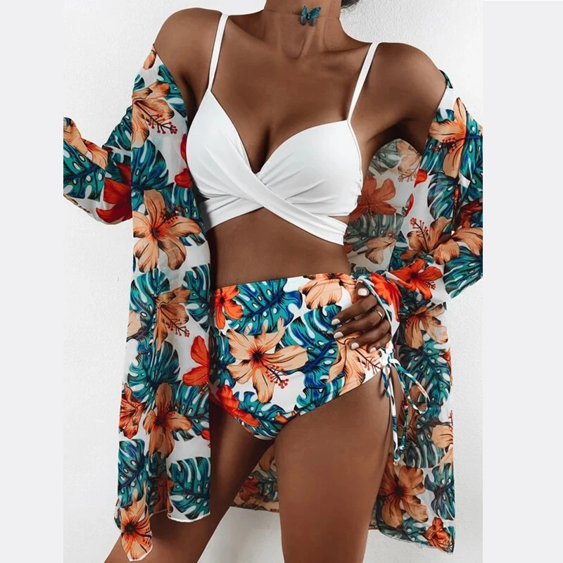 

3 Pcs High-Waist Bohemia Swimwear Set Summer Floral Print Bikini Swimsuit Beachwear Women Brazilian Push-Up Bathing Suit Biquini