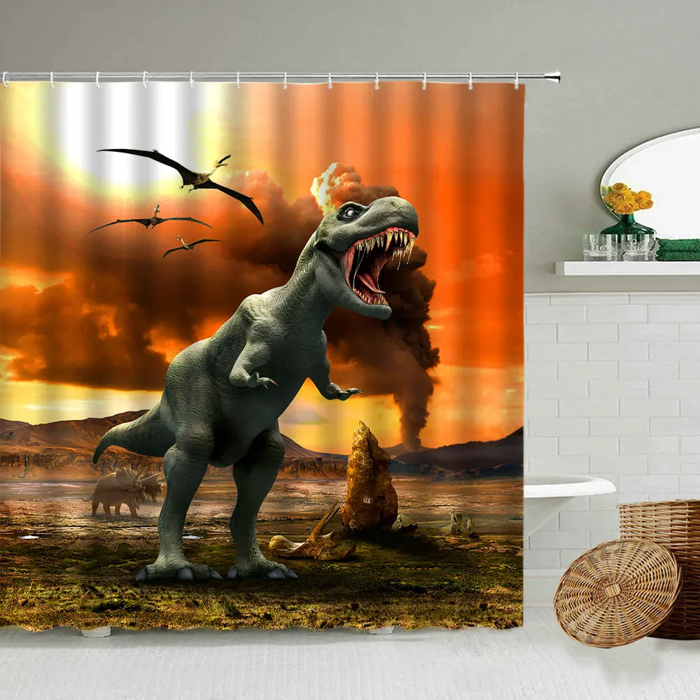 

Dinosaur Shower Curtain Cartoon Creative Fun Animal Natural Scenery Bathroom Screen Waterproof Fabric Child Bathtub Decoration