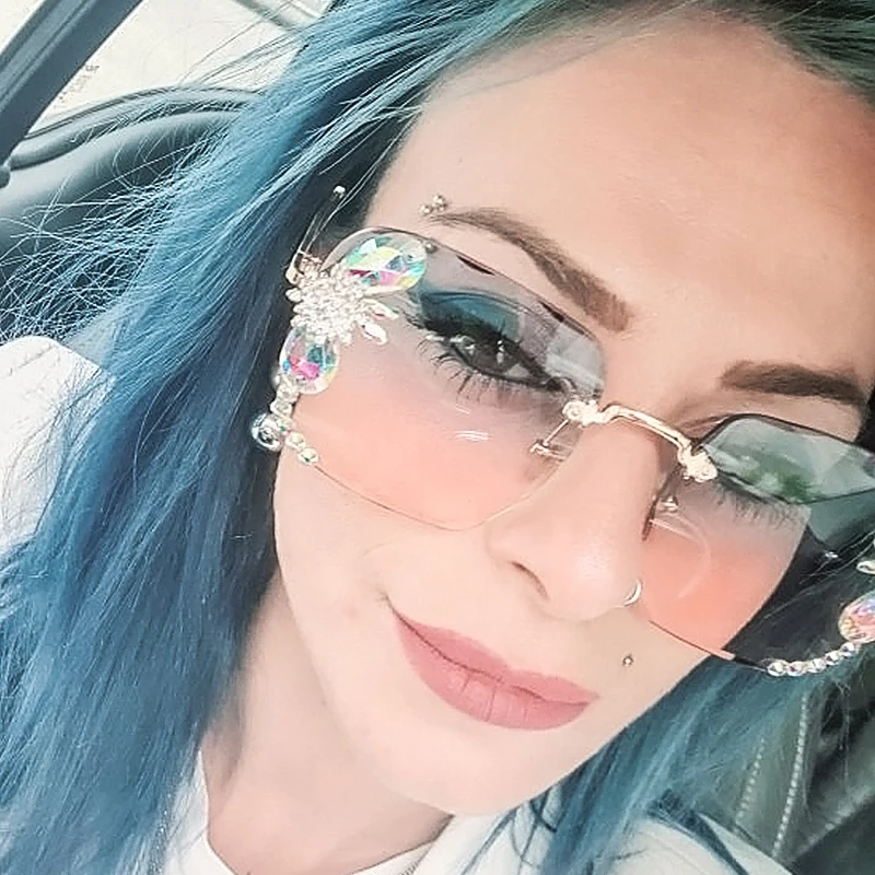 

Очки солнцезащитные стразы женские квадратные без оправы, роскошные брендовые дизайнерские модные солнечные очки с большими бриллиантами ...