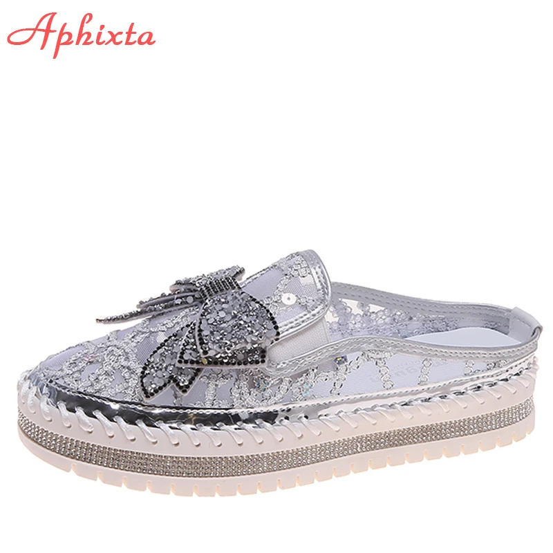 

Aphixta 2022 New Crystals Butterfly-knot Flat Platform Heels Summer Half Slippers Women Bling Shoes Breathable Mesh Slides