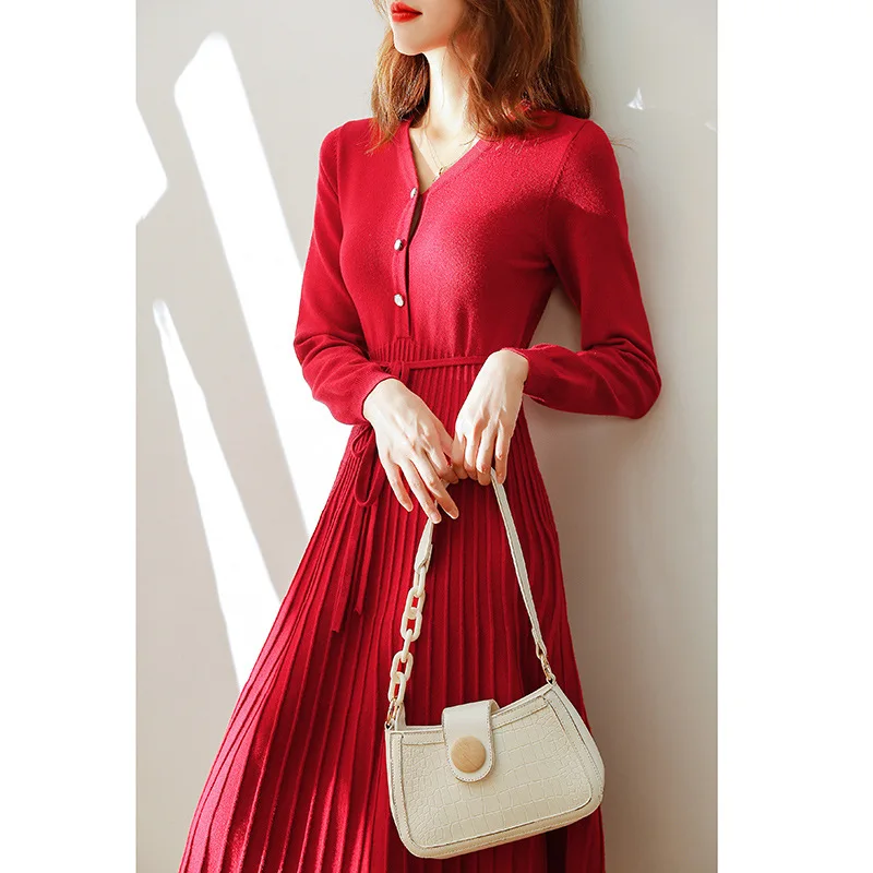 

Elegant V-Neck Japan Style Women Knitted Grace Pleated Dress Red Holiday Party Elastic Ladies Sweater Dresses 2021 Spring Fall