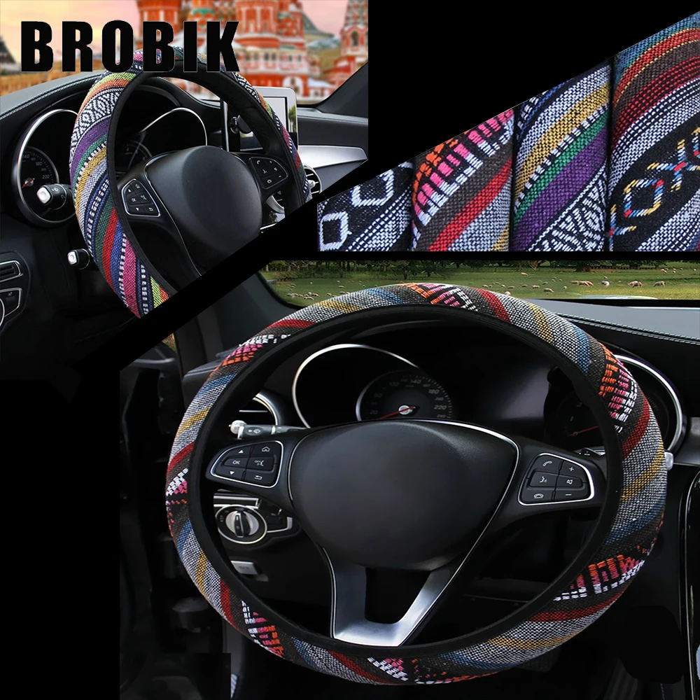 

BROBIK For 36-39cm Car Styling Steering-wheel Universal Linen National style Car Steering Wheel Cover Comfortable Anti-slip