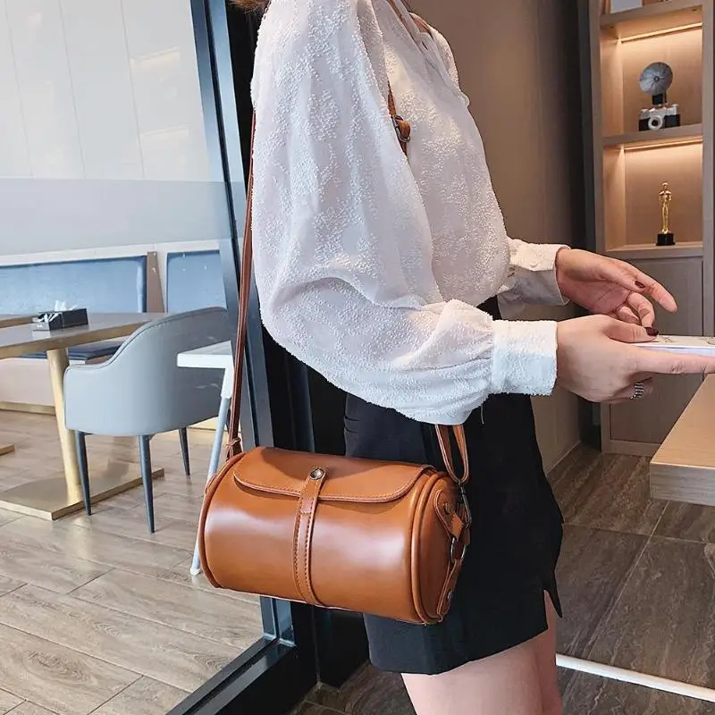 Винтажный PU кожаный цилиндрической формы сумка через плечо Повседневная