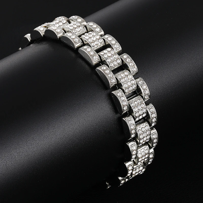 Хип хоп Iced Out Bling цвета: золотистый, серебристый полный часы со стразами группа звено цепи браслеты для мужчин рэппер ювелирные изделия