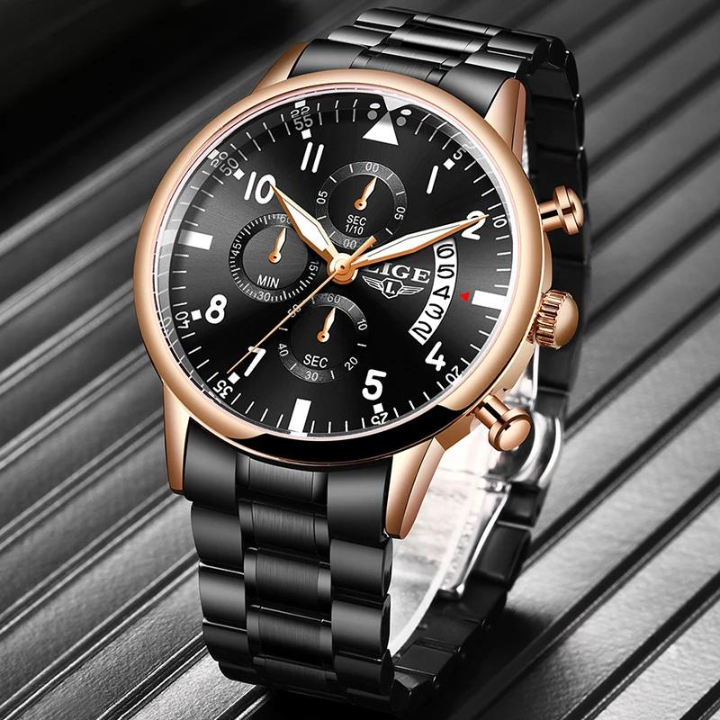 LIGE мужские часы с хронографом спортивные водонепроницаемые кварцевые из