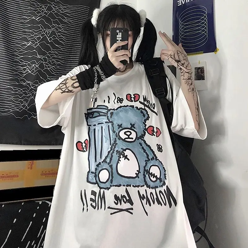 

2021 Summer Ins Harajuku Cool Japanese Anime Bear Print Short-sleeved Female Korean Loose Shirt Plus Size Blouse Women