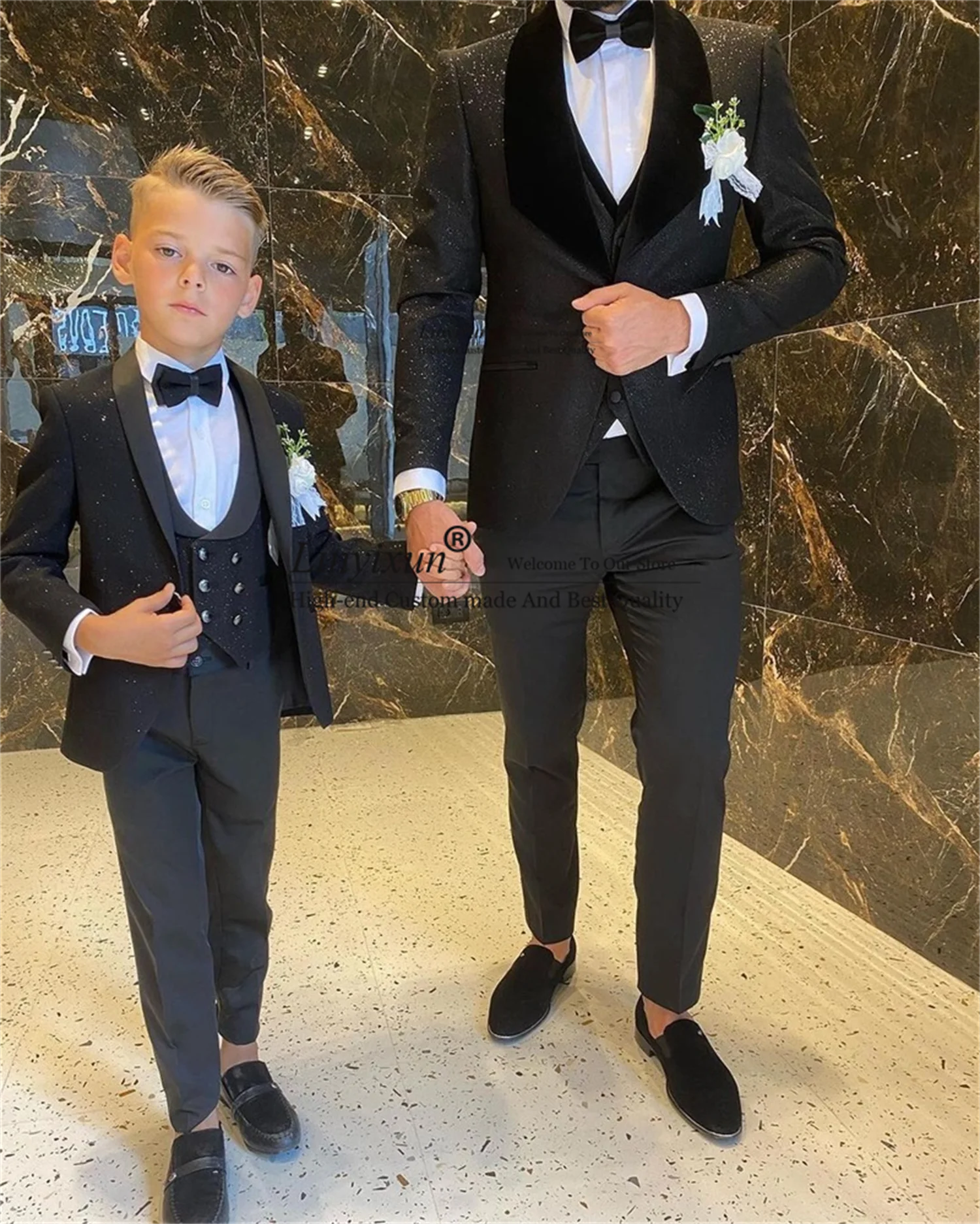 Shinny Mens Suits Shawl Lapel Groom Wedding Tuxedos 3 Pieces Set Male Prom Blazer Terno Masculino Father And Son Kids Suits