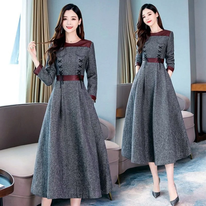 

Fall Spring Vintage Woman Clothes , Womens Pu Leather Patchwork Long Sleeve Woolen Dress , Lace Up Slim Wool Dress for Women