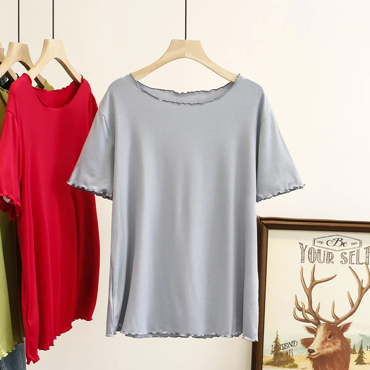 Футболка женская однотонная с коротким рукавом модный размера плюс S56-843 на лето |