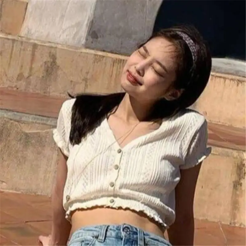 

New Summer Casual Crop Tops Women Korean Style V Neck Short Sleeve Thin Knitted T-shirt Women Clothes