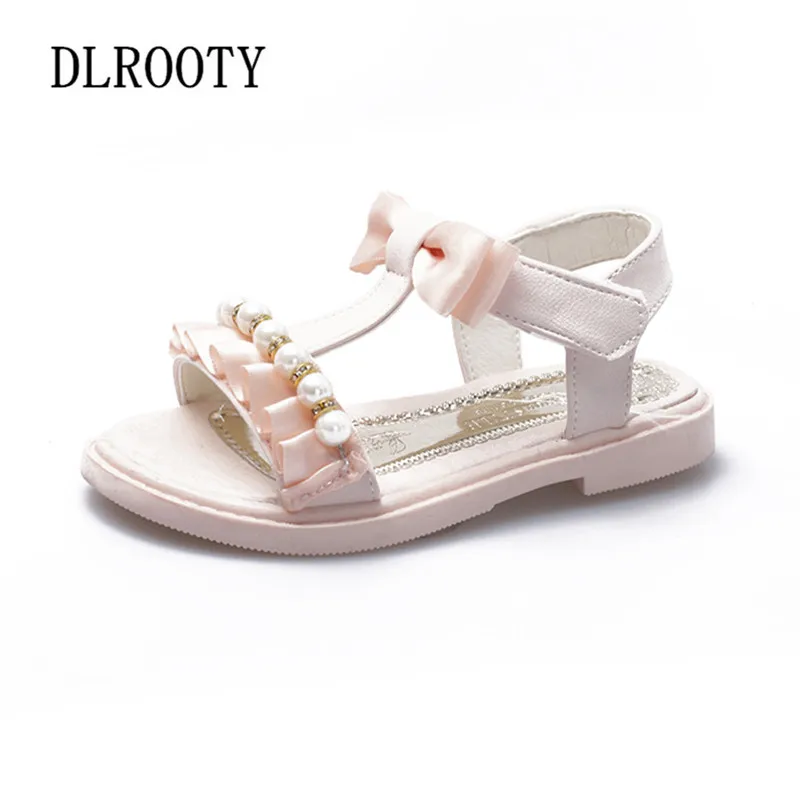 Summer Children Sandals Shoes Girls Bow-knot Pearl Princess Kids Party Fashion Beach Hook & Loop Flat Toddler Baby Breathable