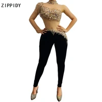 multi color rhinestones fringe transparent sleeve jumpsuit black velvet leggings dance outfit bar singer wear outfit