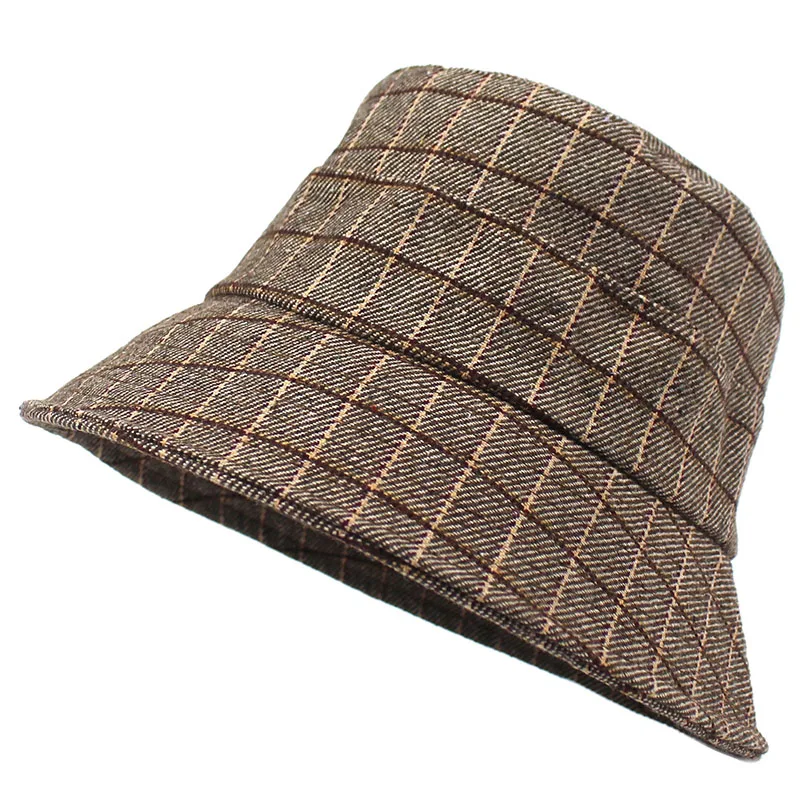 

Ditpossible plaid vintage bucket hats for women men autumn winter hat panama cotton fishing caps