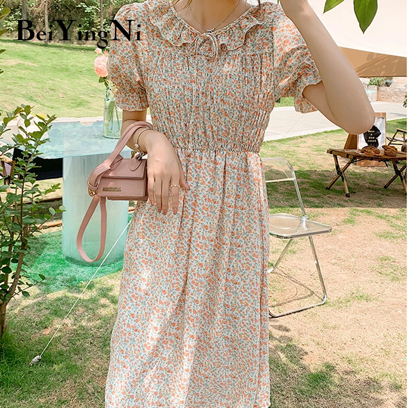 

Beiyingni French Knee-length Dresses Women Vintage Fashion Chiffon Ruffles Tie Up Casual Summer Short Sleeve Dress Kawaii Robes