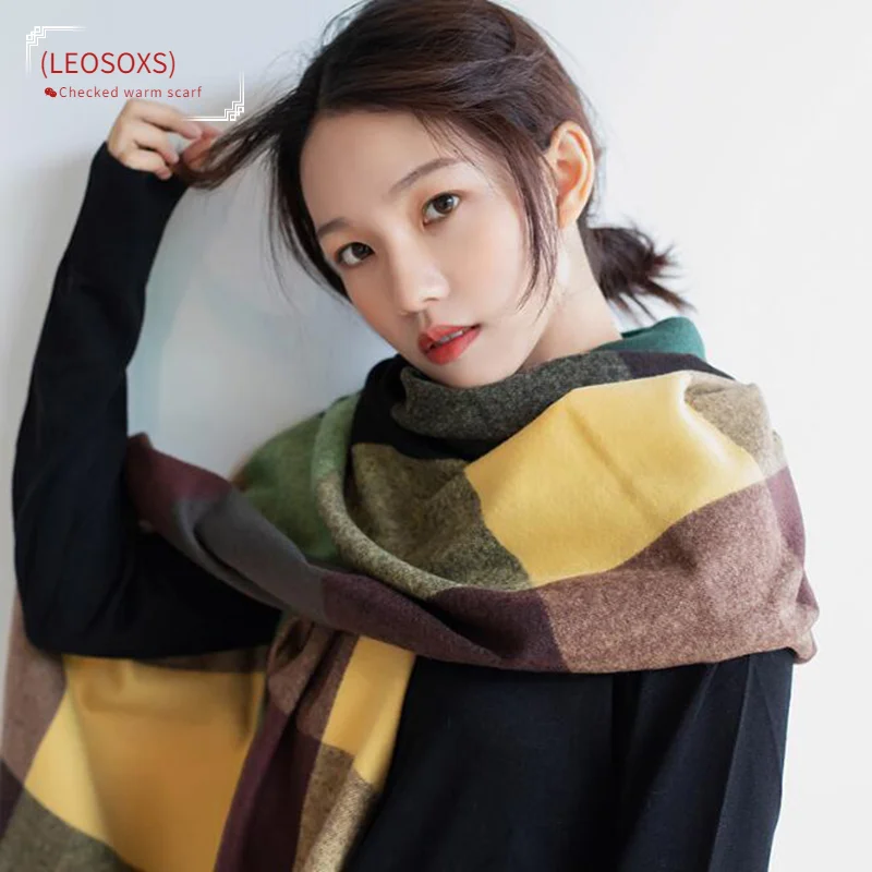

(LEOSOXS) Winter Fashion Plaid Warm Thick Scarf Women Luxury Cashmere Shawls With Tassel Autumn Office Hijabs Foulard Scarves