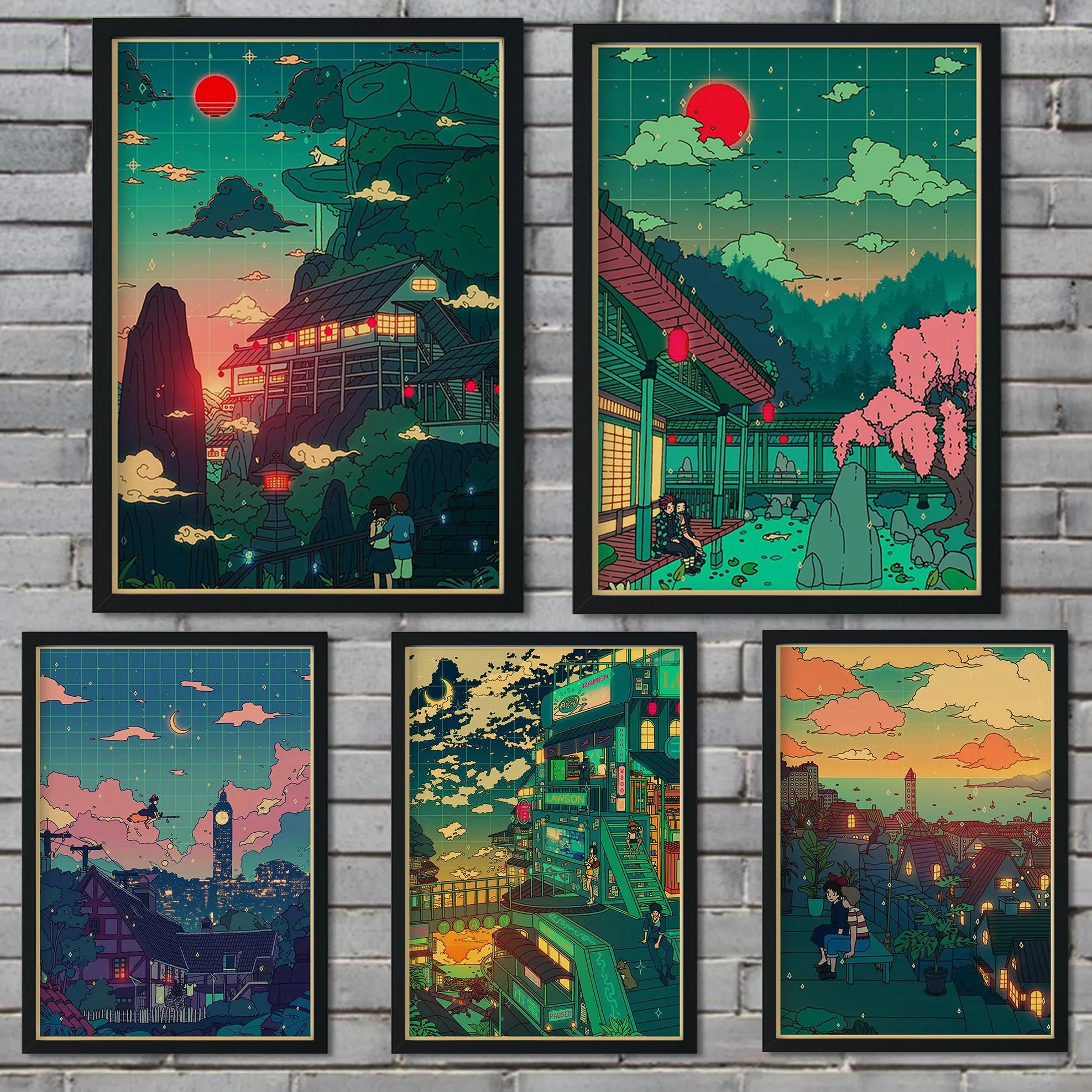 

Japanese anime street view retro style kraft paper poster family wall bar cafe children room decoration painting wall stickers