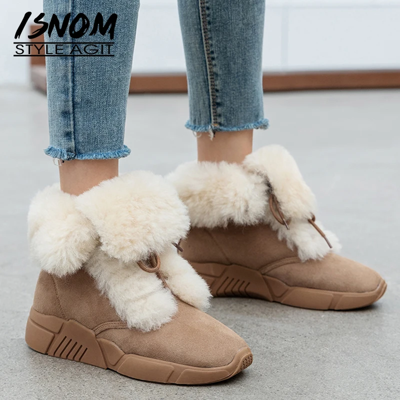 Зимние ботильоны ISNOM женские ботинки из овчины теплые меховые на шнуровке