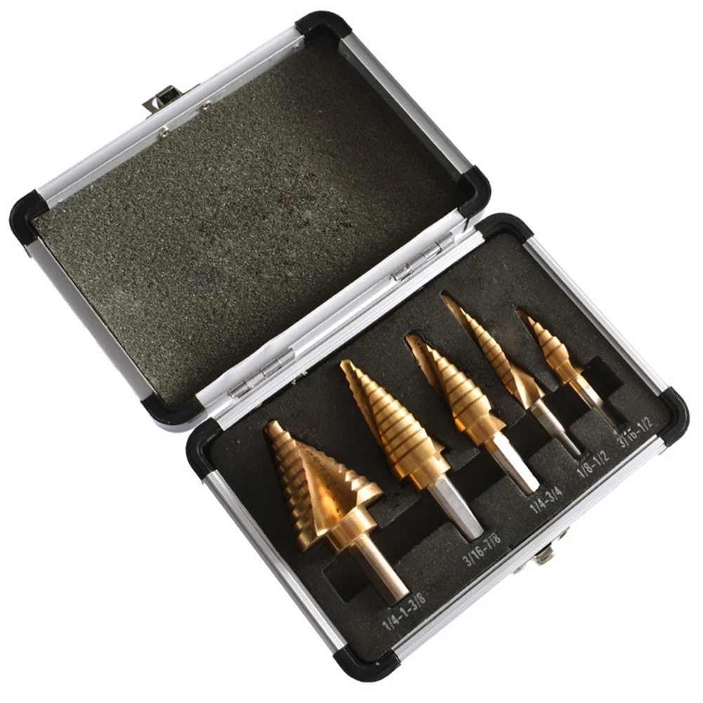 

5Pcs Triangle Shank Hole Drill Cone Drill Bit HSS Titanium-Plated Spiral Groove Step Bit Set Drilling Power Tools