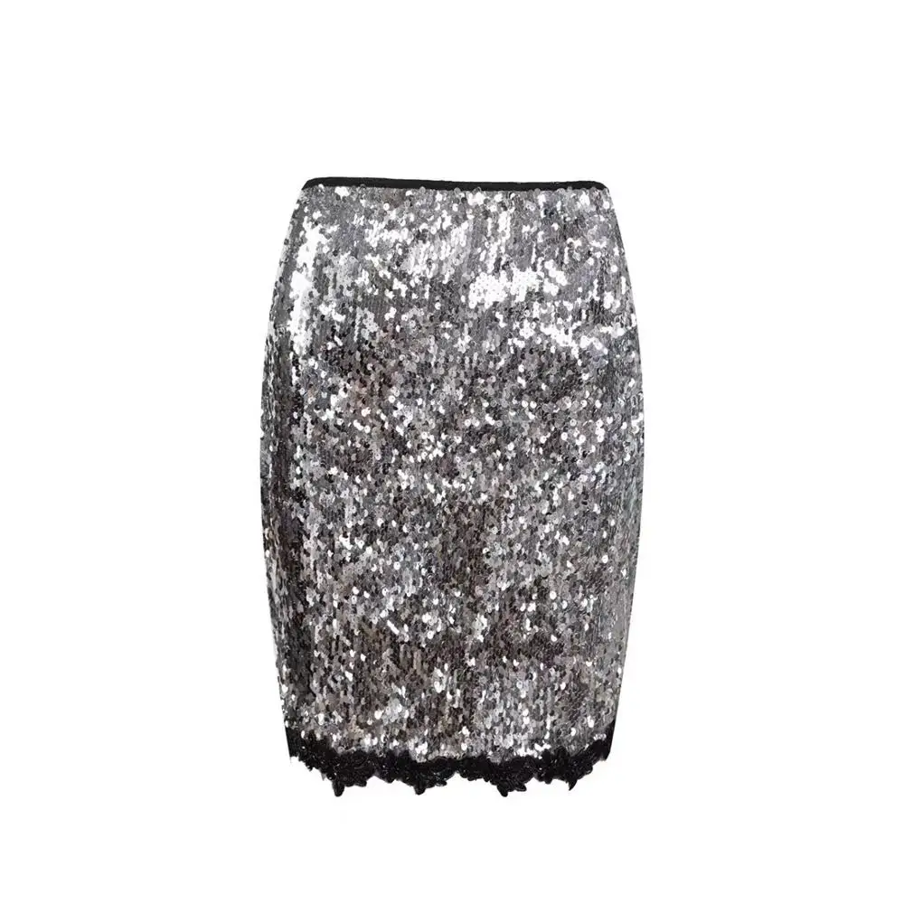 Simly Tara, осень, женская мода, элегантная, с блестками, сливери, бандаж, юбка, сексуальная, облегающая, сетчатая, Мини юбка, повседневная, Vestidos - Цвет: Серебристый