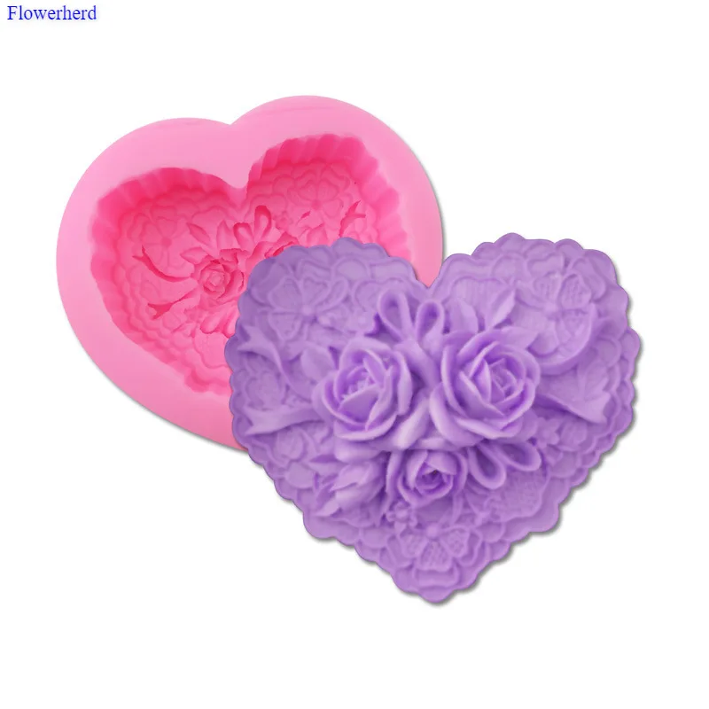 

Силиконовая форма для мыла ручной работы в форме сердца с узором розы, форма «сделай сам» для шоколадных конфет, форма для торта, украшения д...